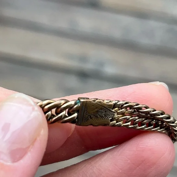 28.46 Gram Gold Filled Albert Chain with Dog Clip, T-Bar and Slide Charm- Flaw - Picture 11 of 17